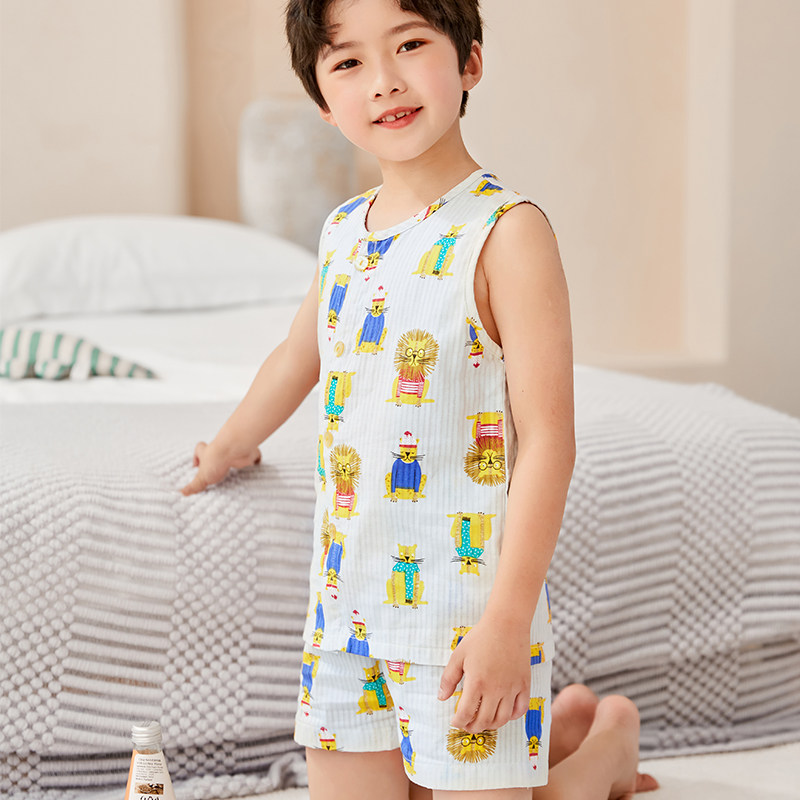 速发儿童夏季薄款纯棉纱布背心短裤睡衣套男童可爱宝宝无袖家居服