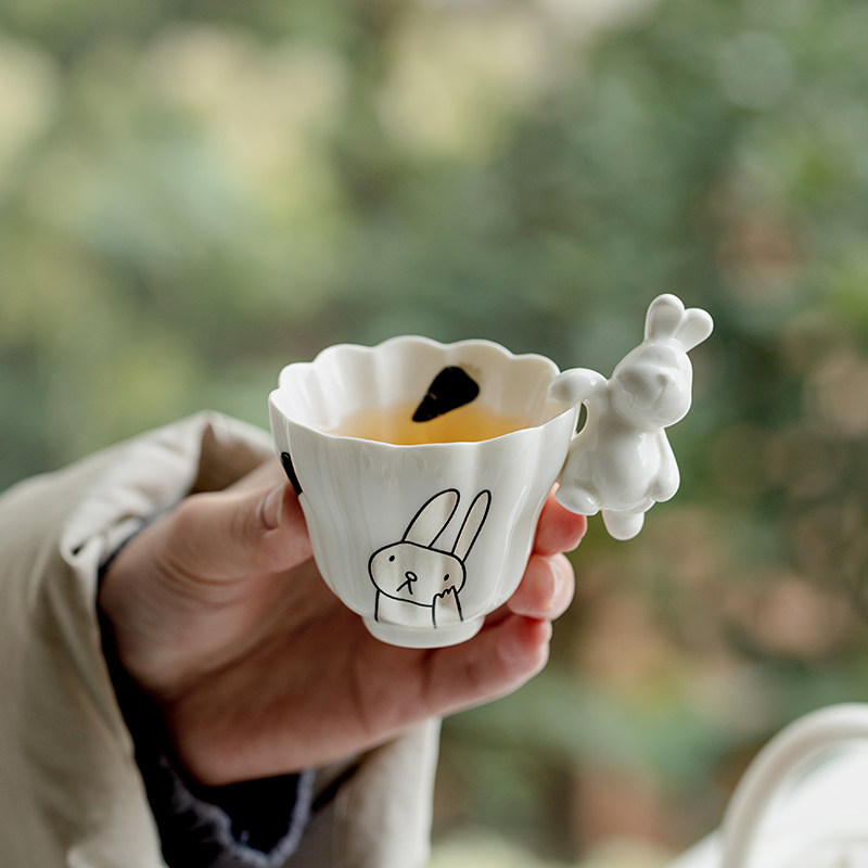 速发拓钱茶兔无忧佛手杯家用创意陶瓷茶杯可爱兔子挂件主人杯喝土