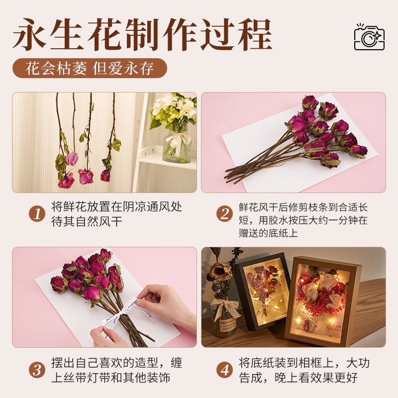速发立体手工干花相框材料中空摆台高级感玫瑰花束永生花标本摆件