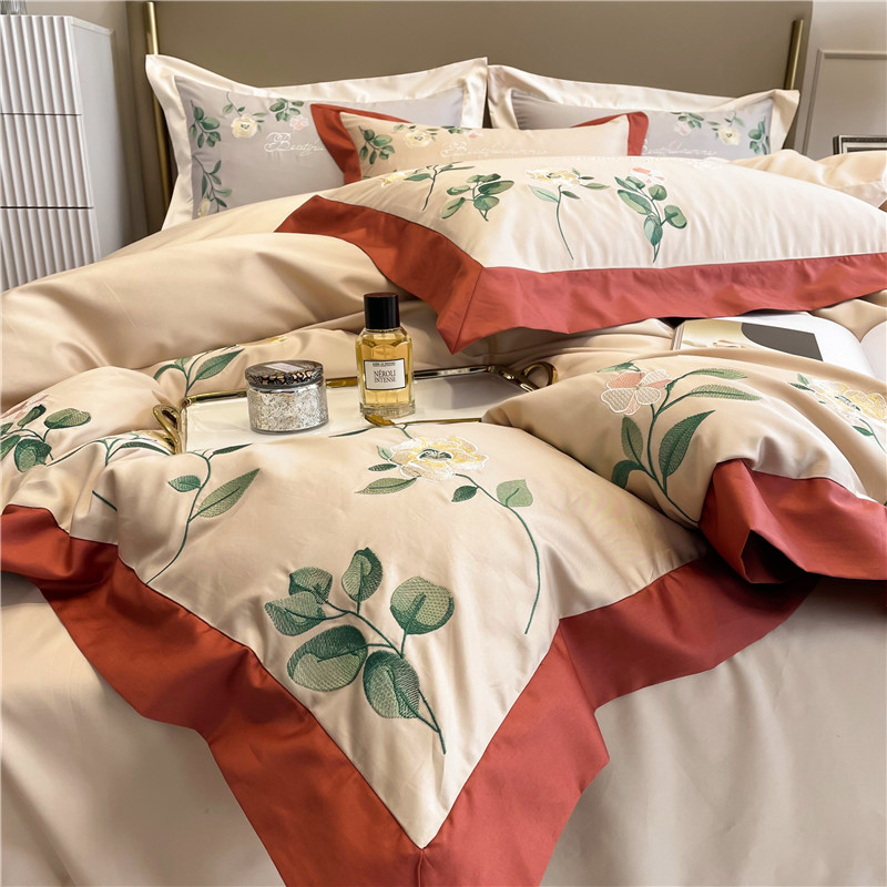 速发美式绣花102支双股长绒棉四件套刺绣花棉拼色全卉1.8