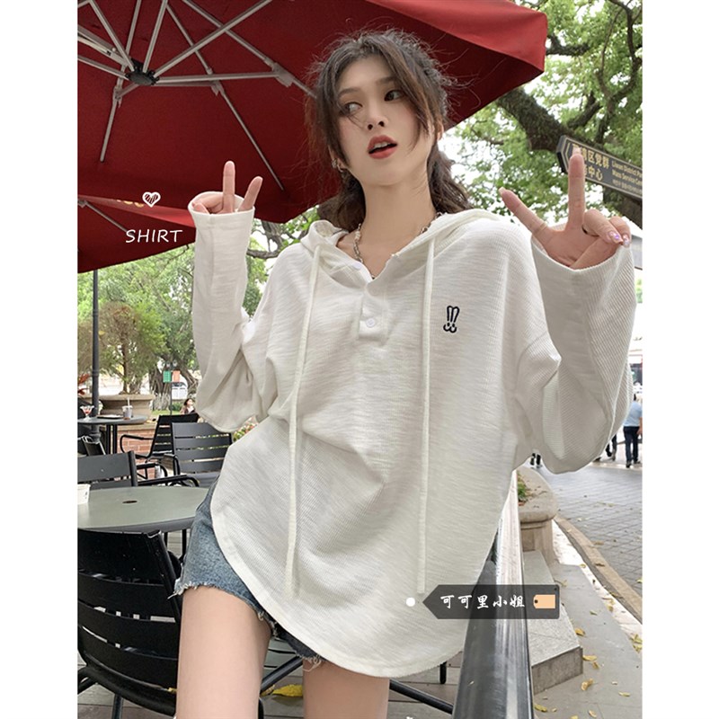 速发款款0帽长袖T恤韩版2连24新薄刺绣百搭设计感宽松防晒上衣