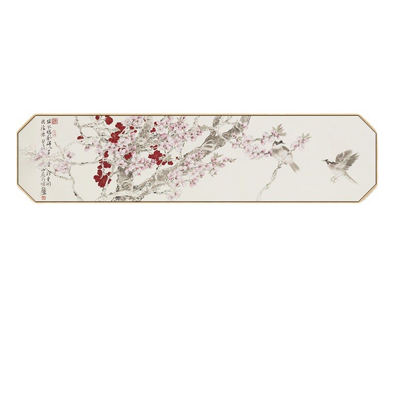 速发桃花坞 新中式山川花鸟卧室挂画八边形横版单幅温馨床头背景