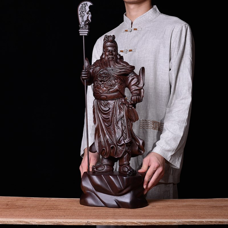 速发木檀木雕刻关公神像木号1米武财神实黑头红大工艺品中式摆件