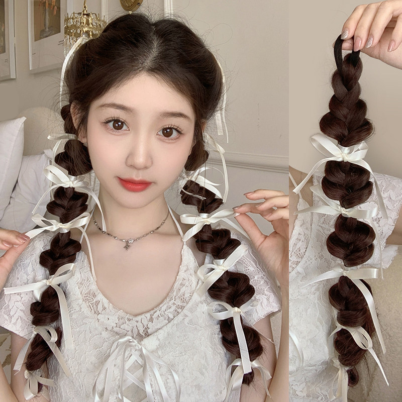 现货假发辫子女甜酷芭蕾少女丝带泡泡麻花辫双马S尾拳击灯笼辫可