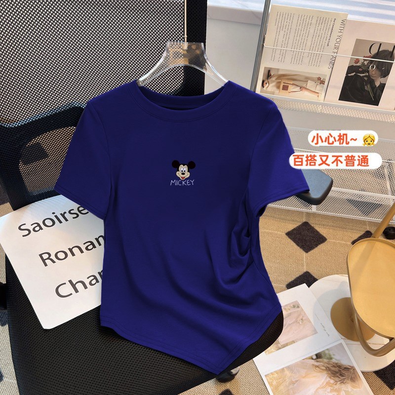 速发棉质正肩收腰紧身设计感下摆T恤夏设计感小众黑色打底上衣
