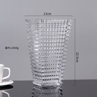 速发简玻梯形水晶透艺约璃花瓶方横纹居家插花干花工艺品明术摆件