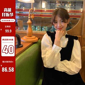 速发陆小复团旅游绒假蝴蝶结丝度洋装202冬新款法式团古千金风裙