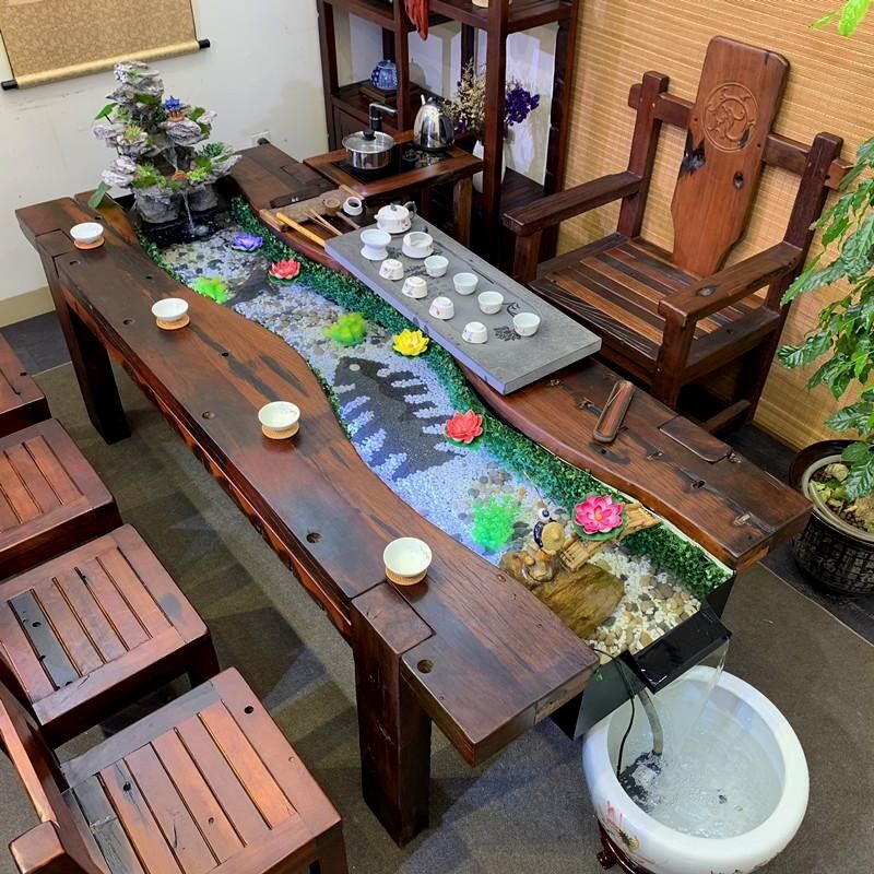 速发老船木茶桌椅组合循环流水养鱼景观茶桌茶台实木新中式功夫茶