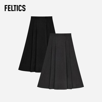 FELTICS 2024学院风精致百褶裙A字黑色半身裙女装