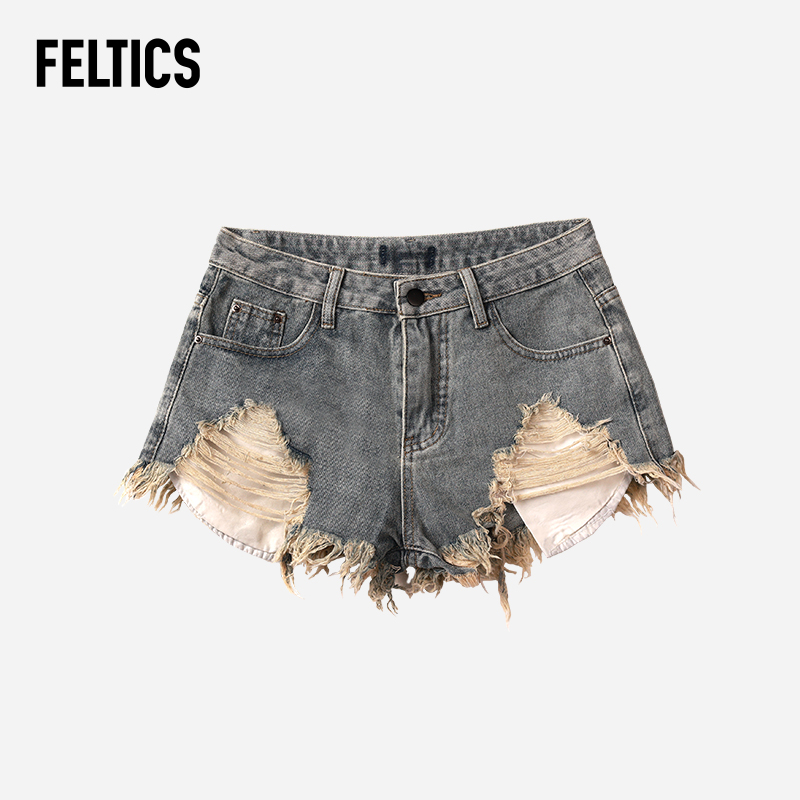 FELTICS牛仔短裤女酷辣宽松显瘦百搭破洞短裤