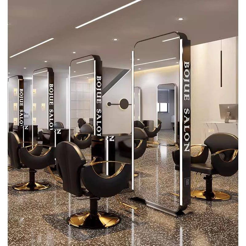 博崛美发店镜台简约剪发镜发廊专用带LED灯不锈钢镜子理发店镜台