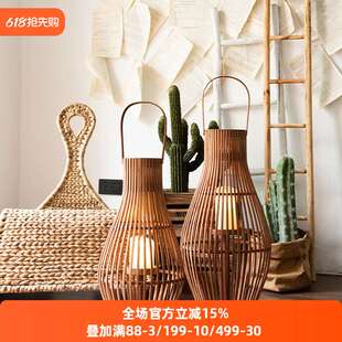 JK慕空间 复古落地烛台天然竹编灯笼 样板间花园大厅装饰摆件套装