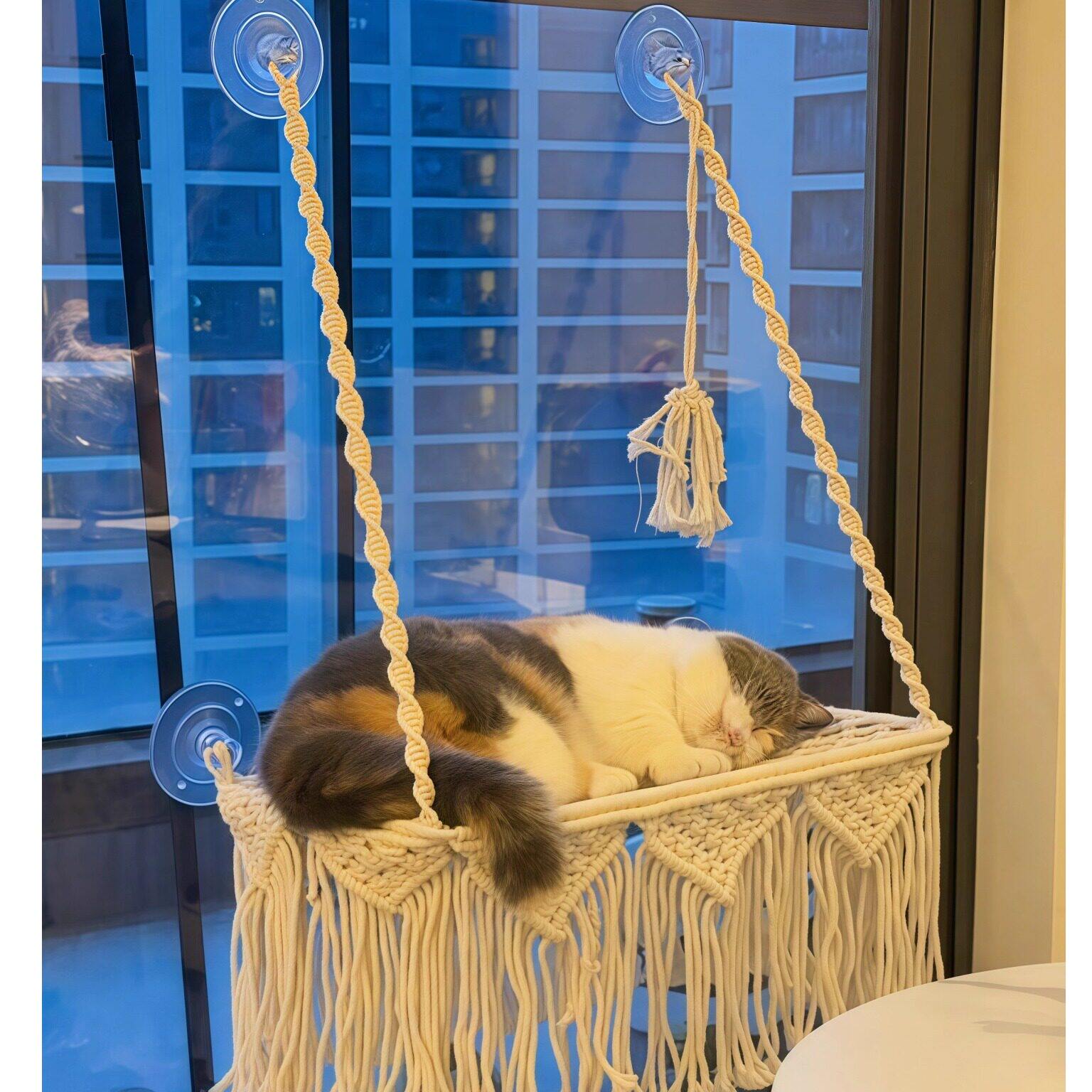 猫吊床窗户吸盘悬挂式手工编织棉绳猫窝宠物猫床秋千猫咪用品大全