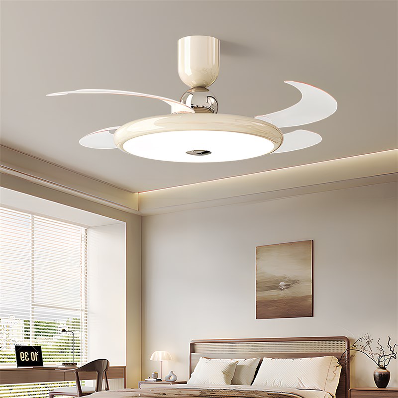 奶油风吊扇灯饭厅卧室胡桃u木色吊扇灯新款覆古隐形中古风吸顶灯