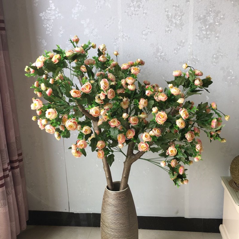 蔷薇花树落地花瓶搭配花艺真树杆B假花仿真花客厅酒店装饰摆设花