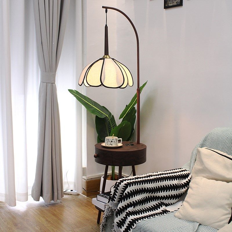 胡桃木中古风落地灯客厅t沙发旁卧室复古法式台灯床头柜一体置物