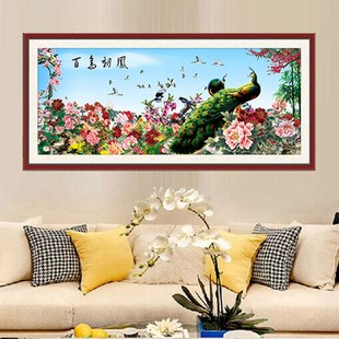 百鸟朝凤牡丹花孔雀中堂挂画百鸟归巢客厅吉祥鸟喷绘无痕布画自贴