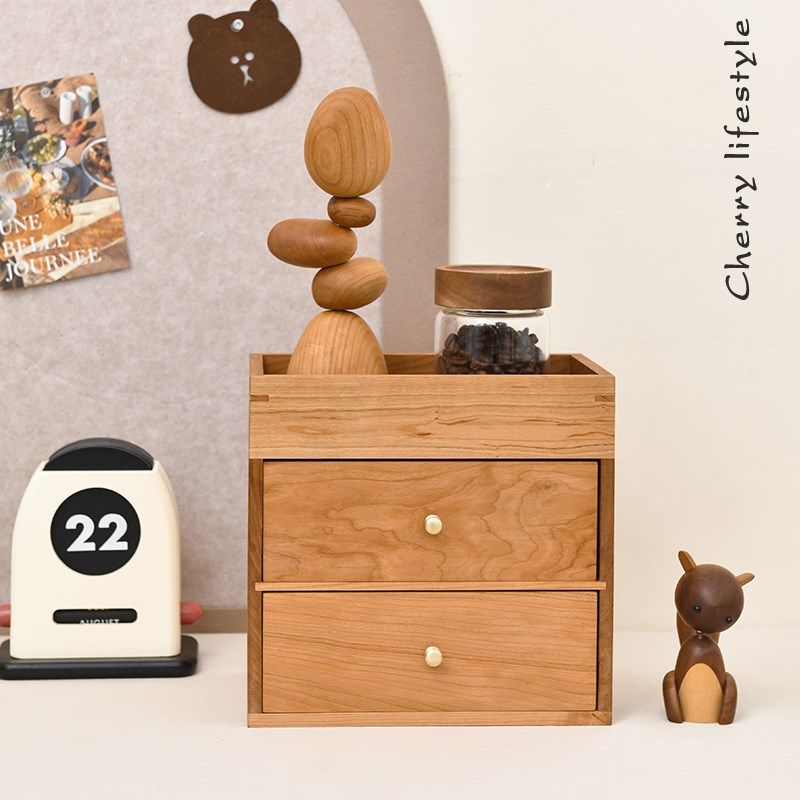 樱桃木抽屉式三层收纳柜实木榫卯桌面香水化妆护肤品杂物首饰盒