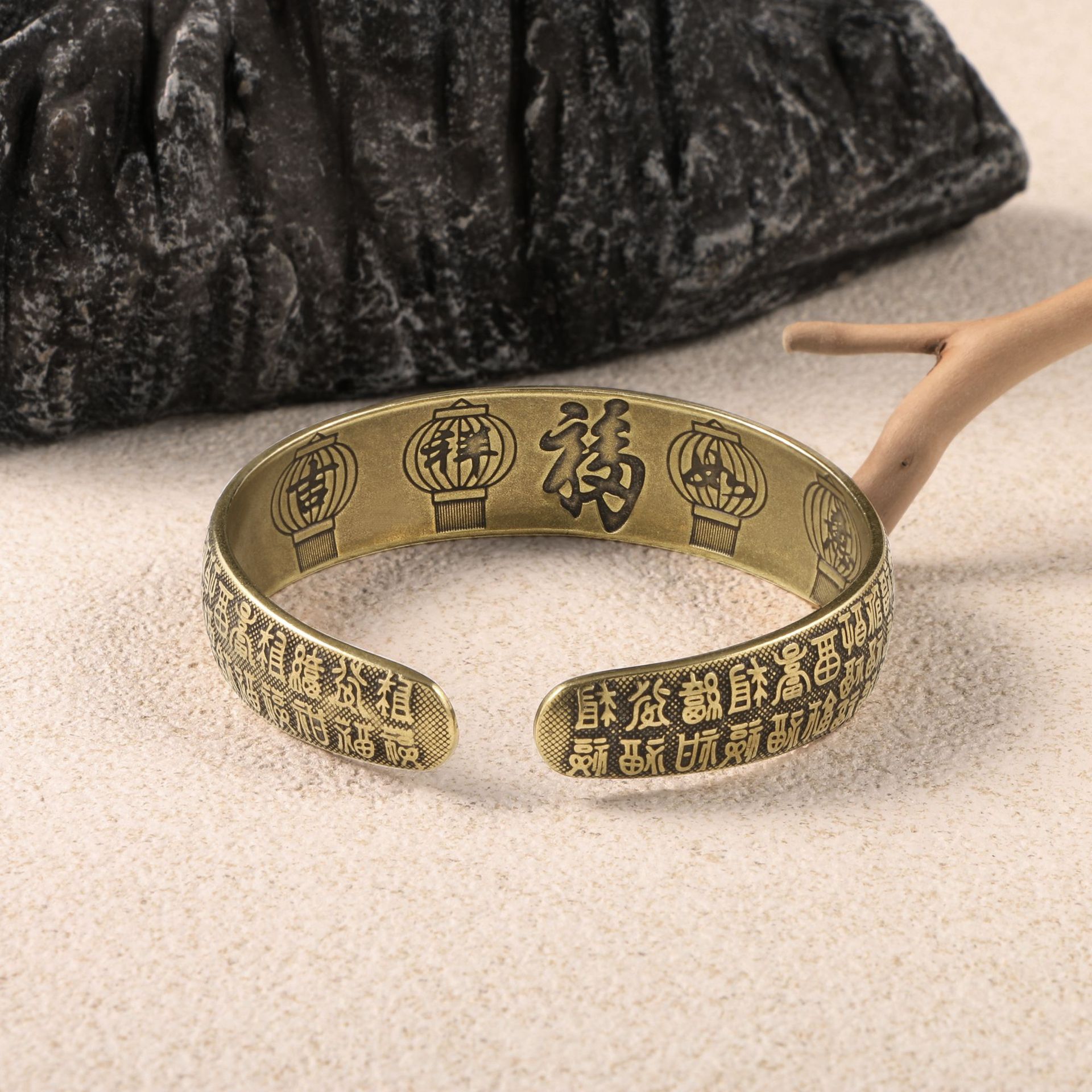 金属工艺品仿古铜器收藏古黄铜实心百福手镯子复古做旧万福字手环