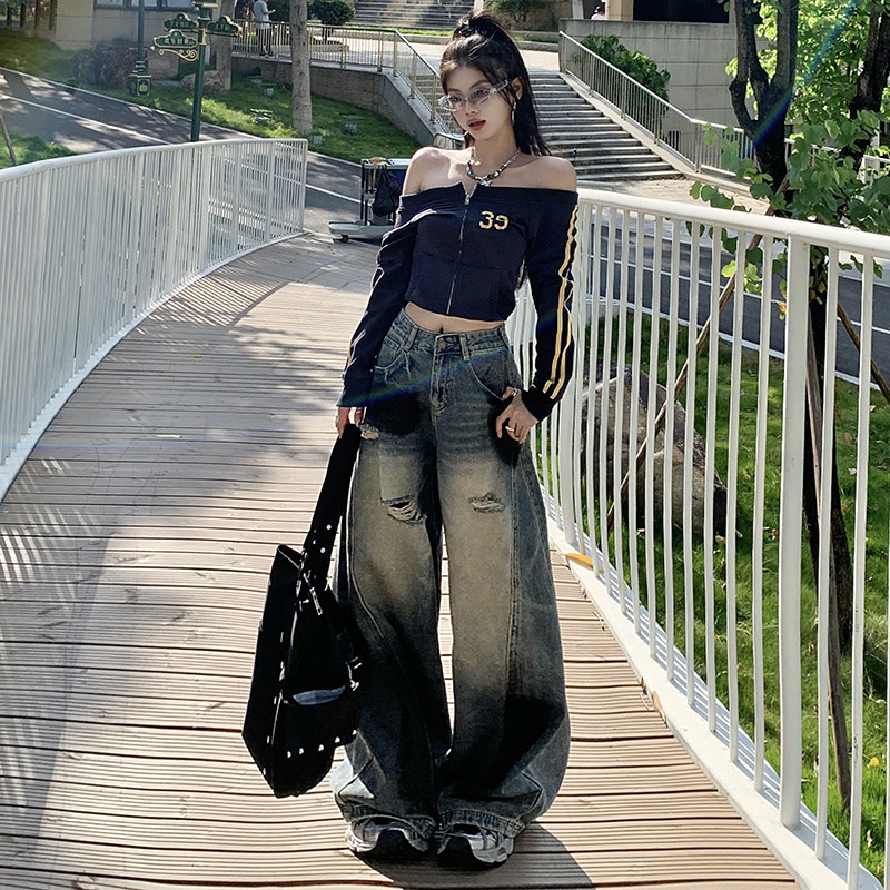 美式怀旧破洞弯刀牛仔裤小众喷绘做旧宽松牛仔裤长裤&加长