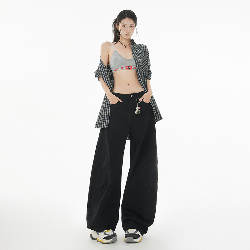 美式复古阔腿弯刀牛仔裤显瘦香蕉