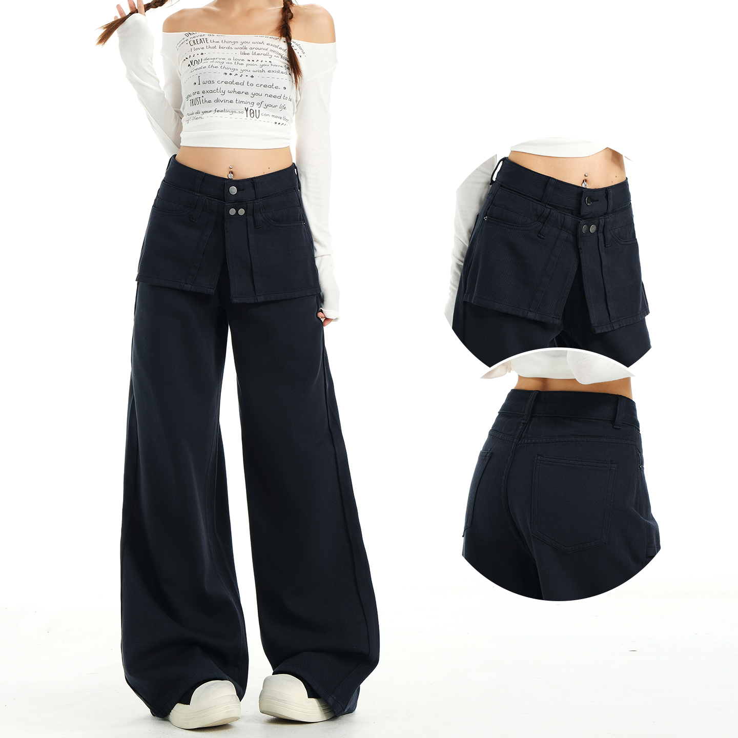 美式高腰阔腿牛仔裤女2025春秋新款宽松显瘦假两件设计直筒休闲裤