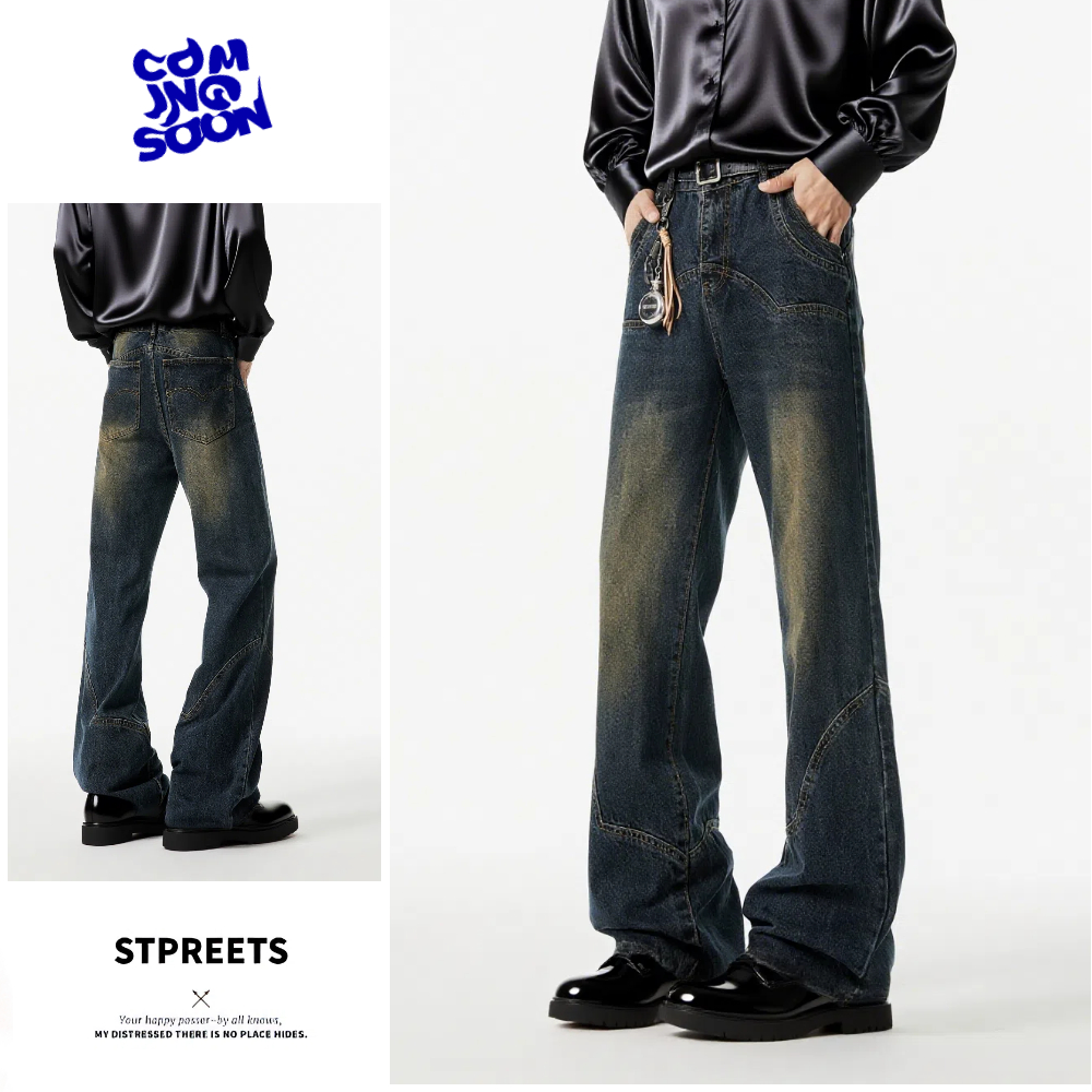 KAPOK解构拼接微喇牛仔裤男春秋宽松直筒裤子潮牌美式水洗做旧阔