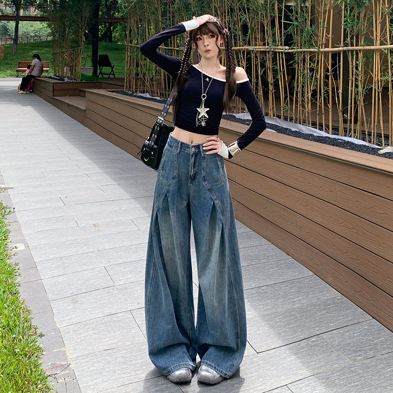 KAPOK9097美式复古褶皱牛仔裤女高街直筒阔腿裤宽松解构长裤子