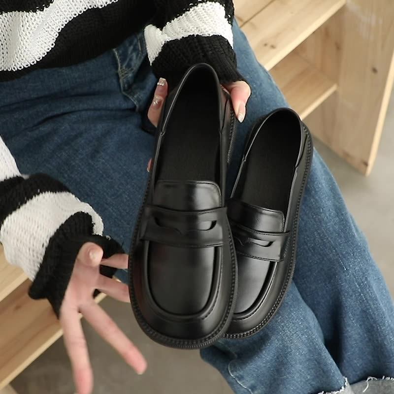 黑色英伦小皮鞋女一脚蹬粗跟大码乐福鞋女41-43圆头两穿女鞋配裙,女鞋,乐福鞋（豆豆鞋）,淘宝优惠券,粉丝福利购,淘宝优惠卷