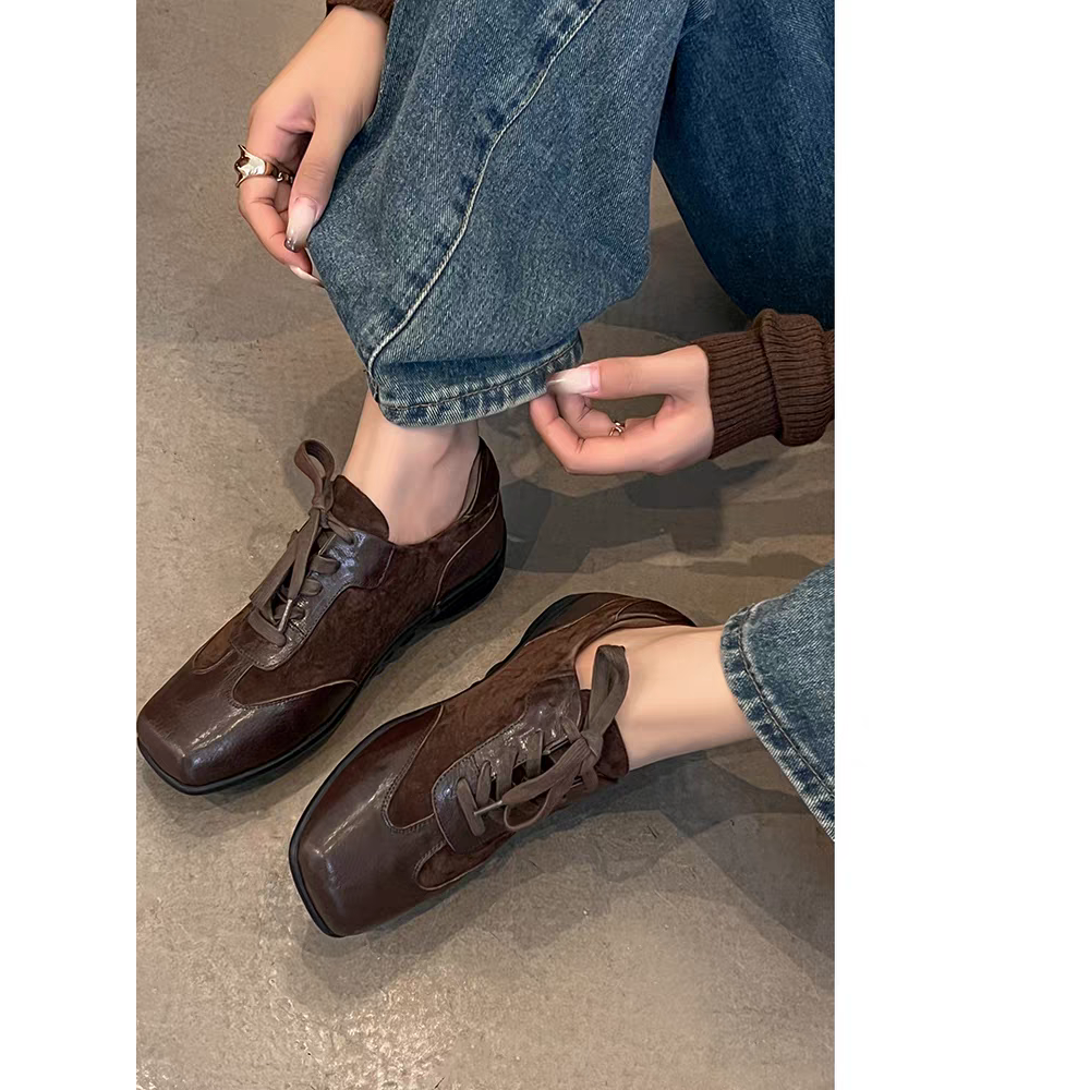 2026早春新款真皮复古风方头德训鞋女棕色系带拼接平底百搭休闲鞋,女鞋,德训鞋,淘宝优惠券,粉丝福利购,淘宝优惠卷