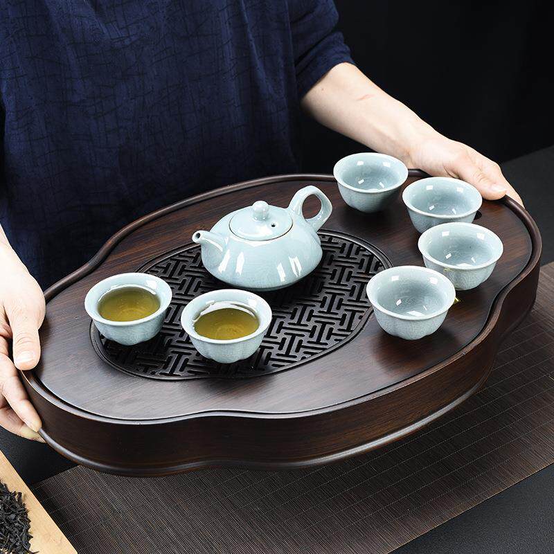 九竹华夏之窗椭圆中胡桃色盛水竹茶盘简约储水式茶海茶台功夫茶具