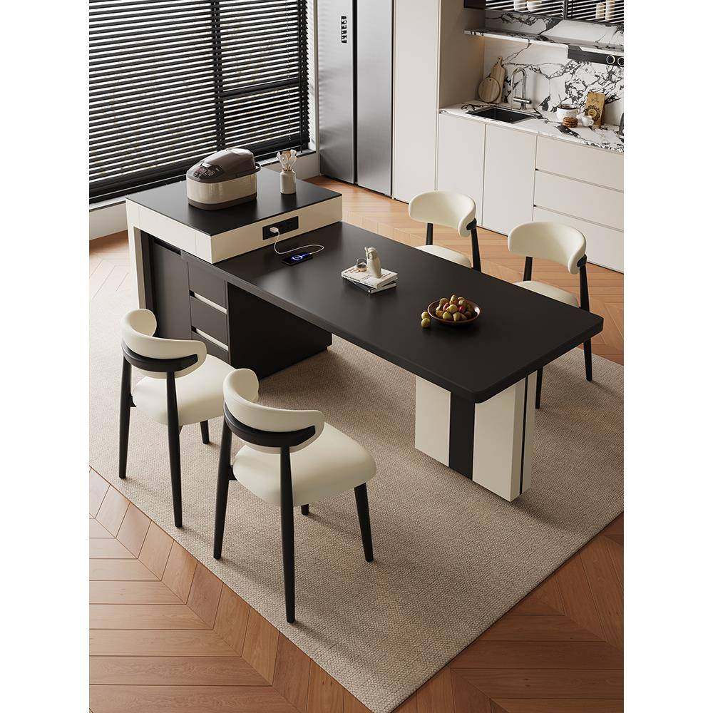 可伸缩实木岛台餐桌一体岛台小户型家用餐桌餐边柜一体轻奢简约