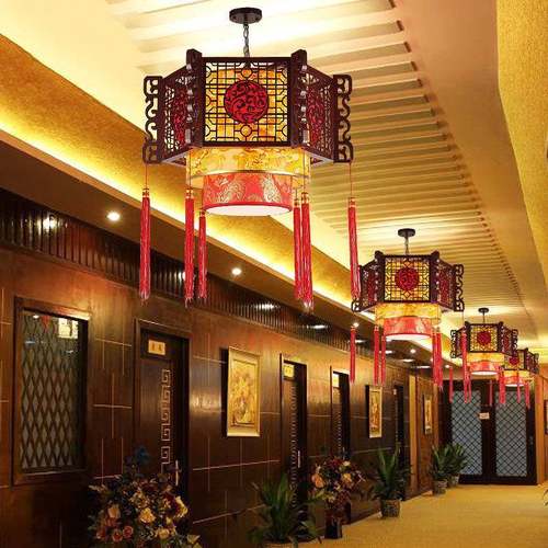 新中式吊灯古典木艺酒店饭店仿古宫殿火锅店餐厅包厢大厅六角灯笼