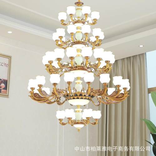 新中式复式楼别墅中空客厅玉石大吊灯欧式楼中楼挑高大气楼梯灯具