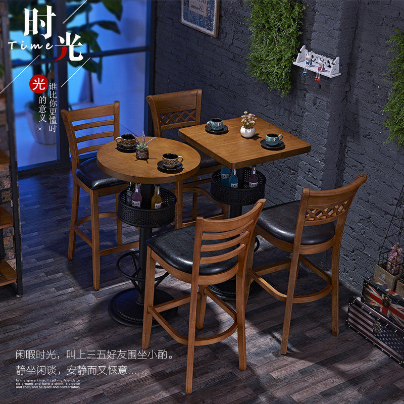 美式复古酒吧音乐餐吧清吧高吧桌椅高脚吧台凳子靠背实木桌椅组合