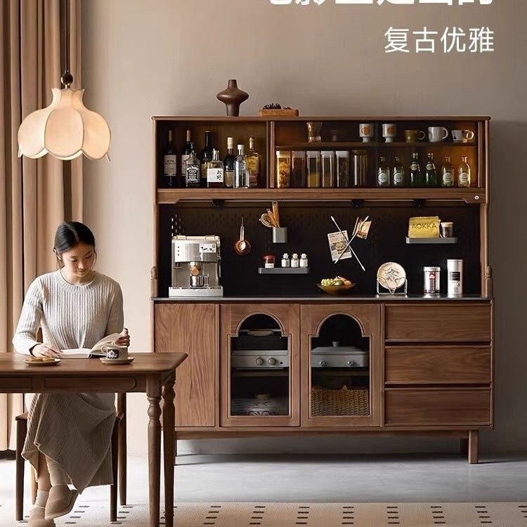 实木餐边洞洞靠墙复古一体家用客厅厨房岩板收纳酒柜置物架橱柜