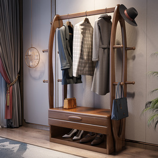 新中式实木衣帽架简约卧室落地挂衣架带抽屉置物架收纳柜子货架