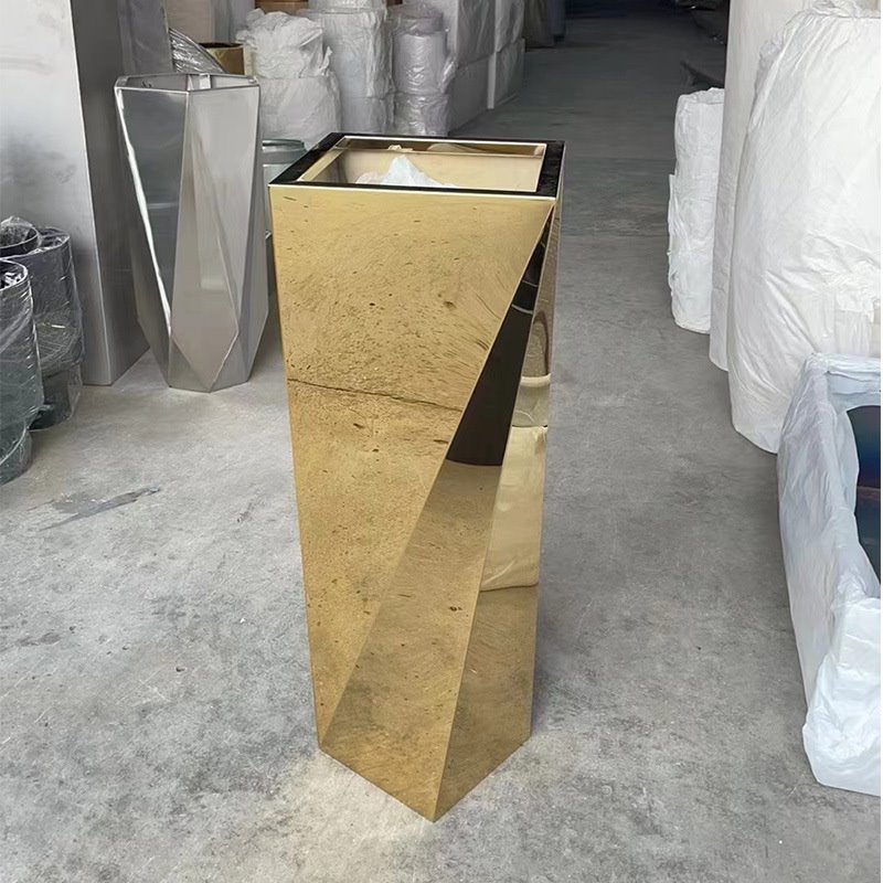 不锈钢金属镀金花箱商场室内圆形花瓶售楼部酒店别墅户外装饰花器
