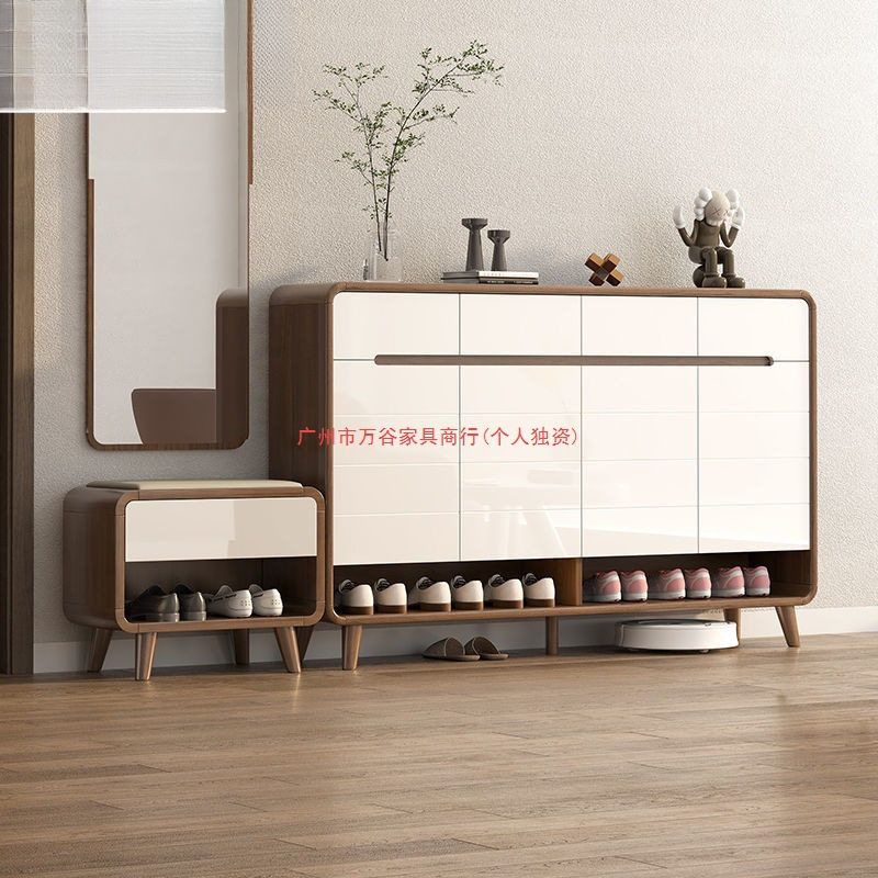 新中式实木可调靠墙收纳鞋柜