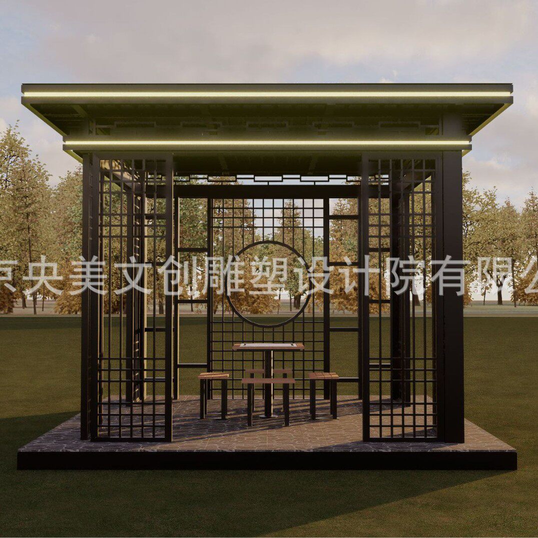 新中式庭院凉亭廊架户外花园休闲钢结构亭子别墅景观乘凉棚带灯