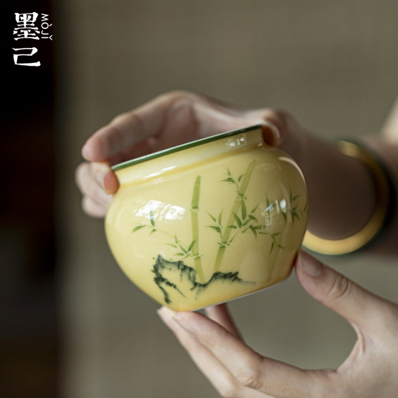 墨己月黄石畔影竹建水手绘陶瓷家用茶道配件废水缸水盂茶席茶渣缸