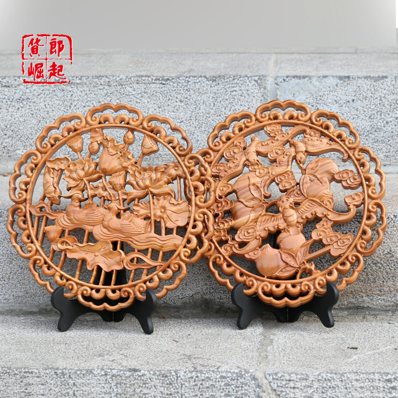 桃木福寿摆件鸳鸯桃花福字饰品挂件看盘木雕工艺品礼品手工雕刻