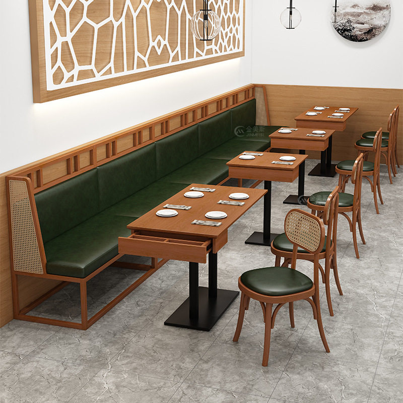 餐厅实木桌椅编藤餐椅连锁餐厅中式风饭店东南亚咖啡厅桌椅