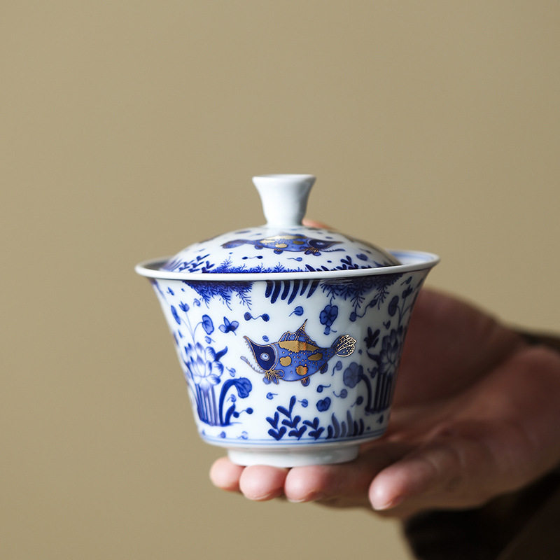 描金鱼藻纹小号二才盖碗陶瓷仿古青花泡茶碗不烫手单个高档敬茶碗