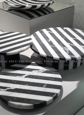 现代简约欧式轻奢黑白条纹圆形托盘果盘点心盘摆件样板房软装饰品