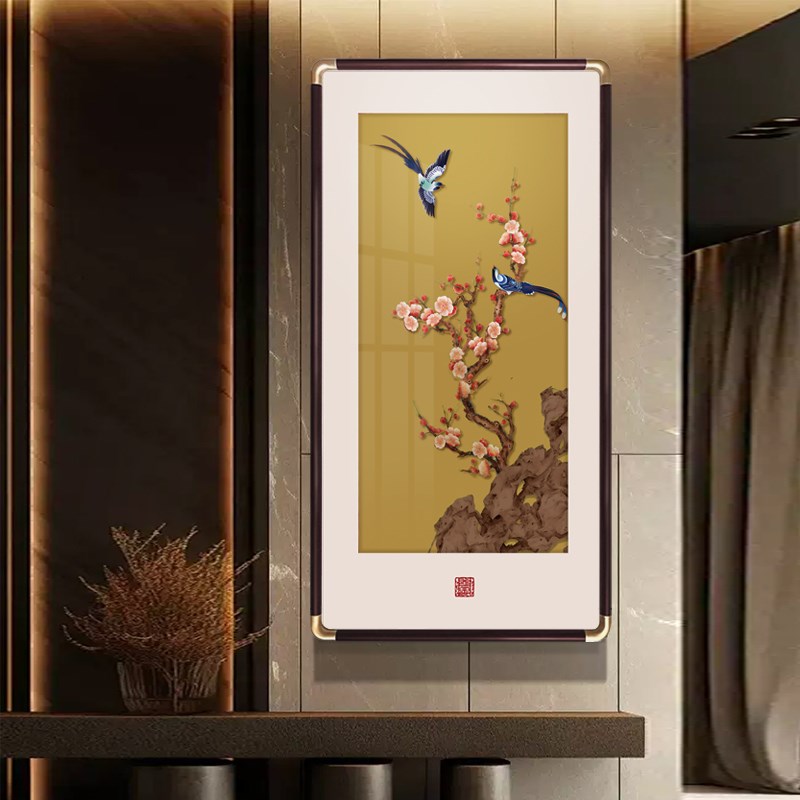 喜上眉梢玄关装饰画新中式竖版寓意好花鸟挂画R走廊过道别墅壁画图片