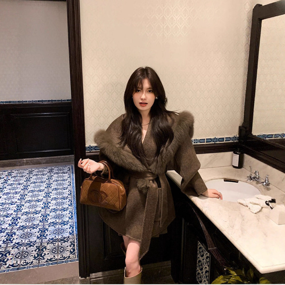 双面羊绒大衣女2025秋冬新款中长款海军领狐狸毛领系带羊毛呢
