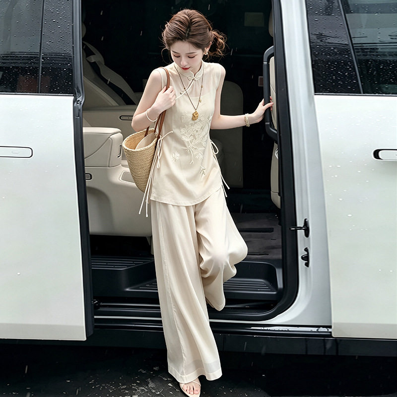 夏季感气质时尚背心马甲阔腿裤两件套韩版新中式国风无袖套装