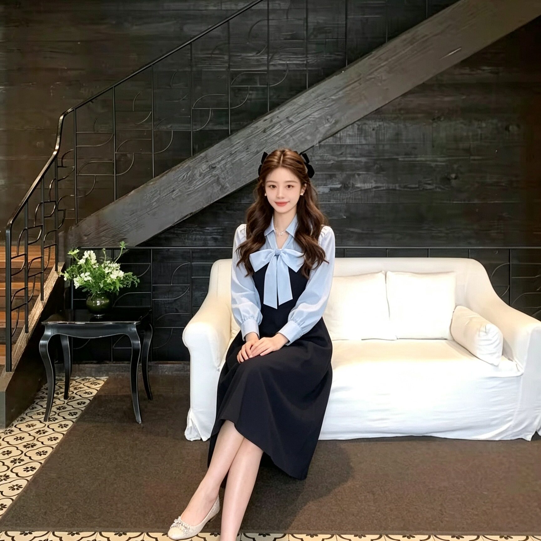 春秋高腰蝴蝶结显瘦通勤连衣裙女