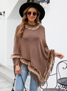 诗美黄色毛领针织流苏斗篷女秋冬新款纯色套头宽松欧美披肩外套女